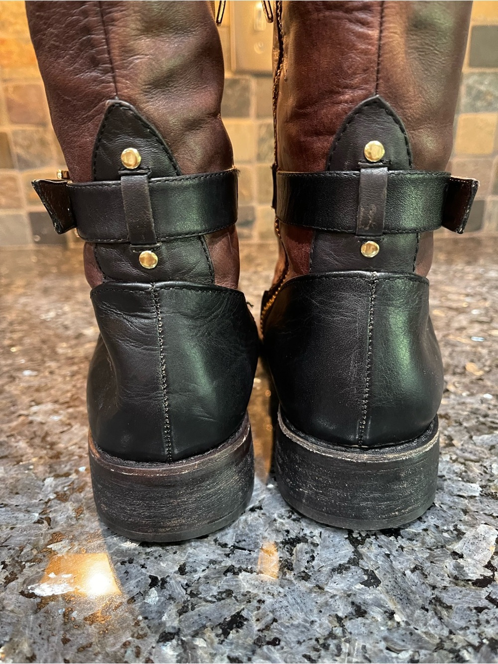Vince Camuto Flavian Riding Boots Black and Brown Crest Two-Tone 10 - Picture 7 of 16